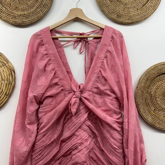 ASOS Design Curve Pink Long Sleeve Ruffle Tie Front Ruched Mini Dress 12 - Picture 4 of 8